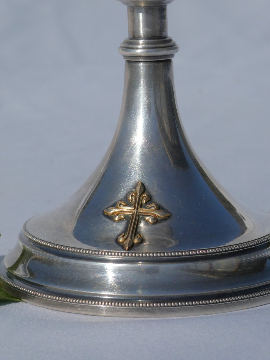 Calice En Argent Massif , époque 1900 , Objet Lithurgique , Messe Fleur De Lys , Croix XIXe-photo-2