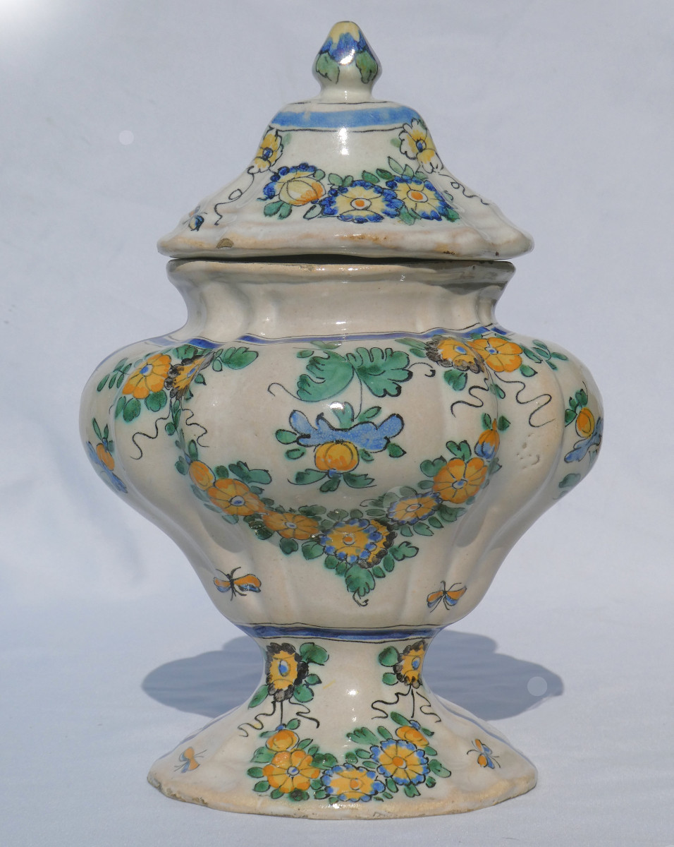 Apothecary Covered Jar, 18th Century Earthenware, Flies, 1746, Cerreto Sannita Pharmacy