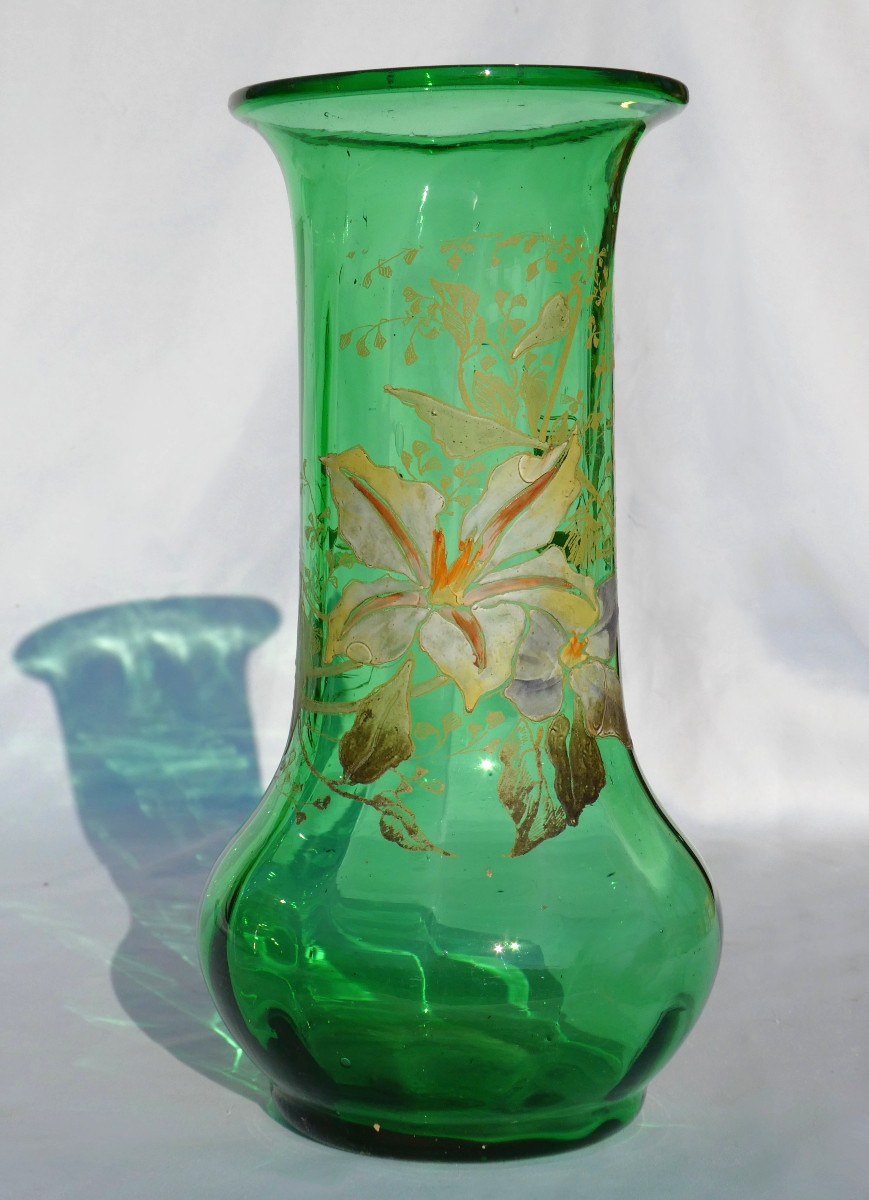 Vase Art Nouveau En Verre Emaillé , époque XIXe , Theodore Legras , Fleurs Lys 