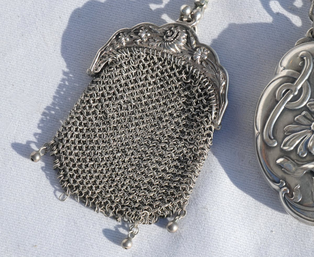 Chatelaine En Argent Massif Epoque Art Nouveau , Reticule Carnet De Bal 1900 , Poudrier Miroir-photo-3