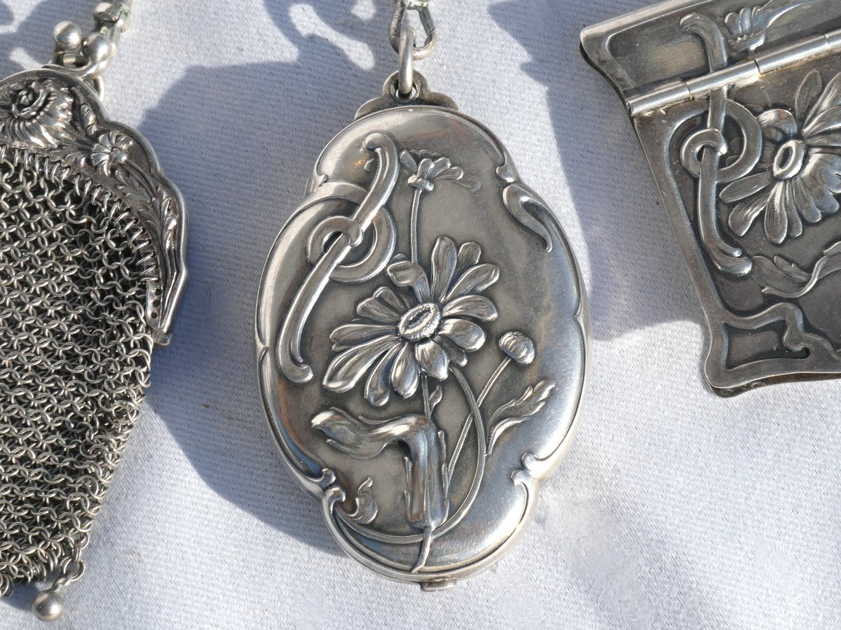 Chatelaine En Argent Massif Epoque Art Nouveau , Reticule Carnet De Bal 1900 , Poudrier Miroir-photo-4