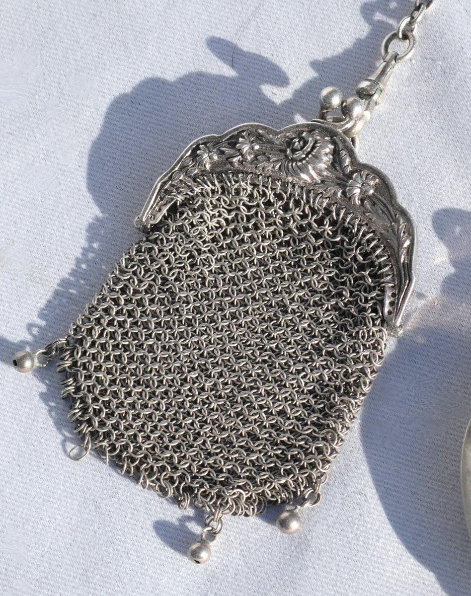 Chatelaine En Argent Massif Epoque Art Nouveau , Reticule Carnet De Bal 1900 , Poudrier Miroir-photo-5