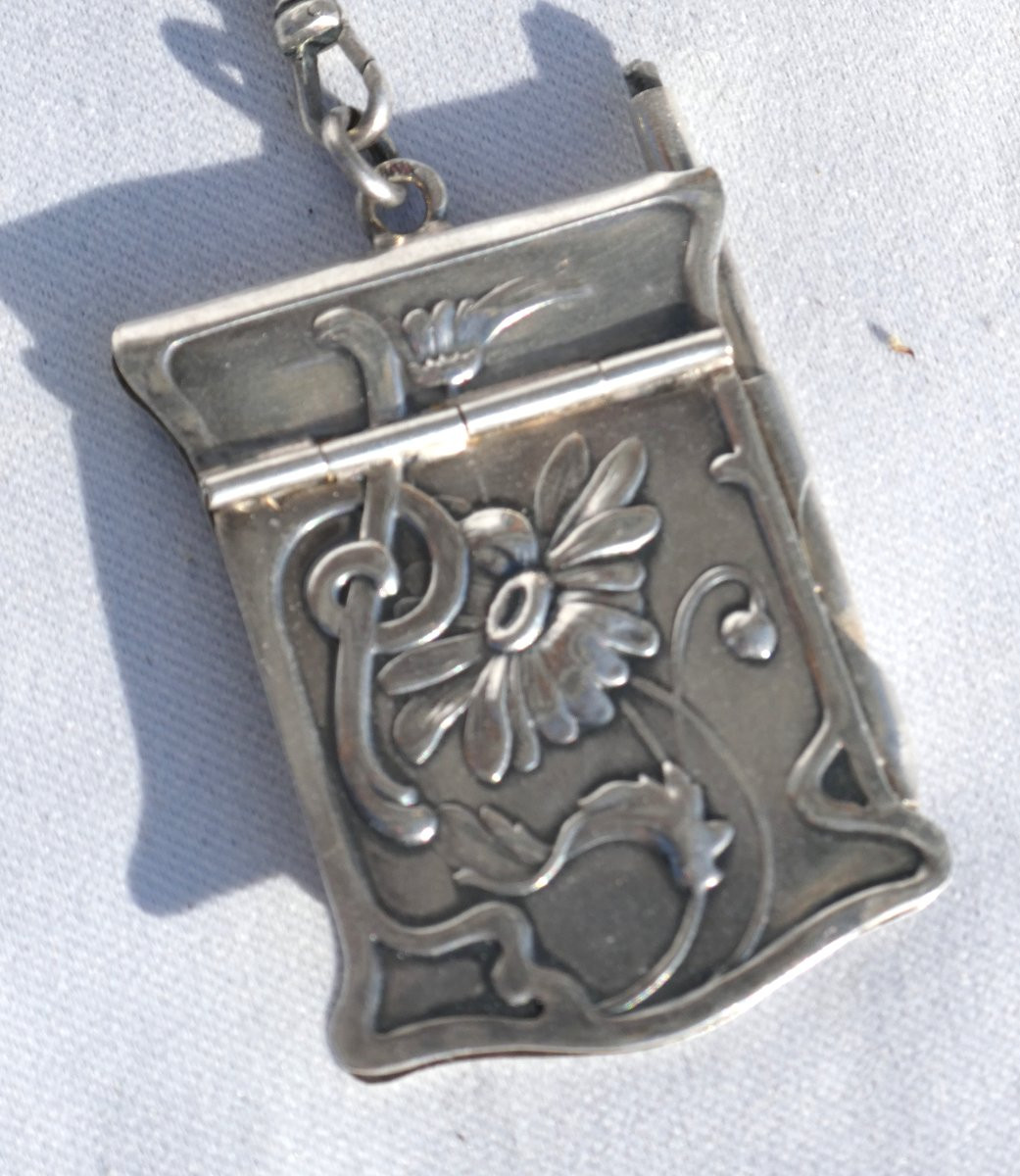 Chatelaine En Argent Massif Epoque Art Nouveau , Reticule Carnet De Bal 1900 , Poudrier Miroir-photo-6