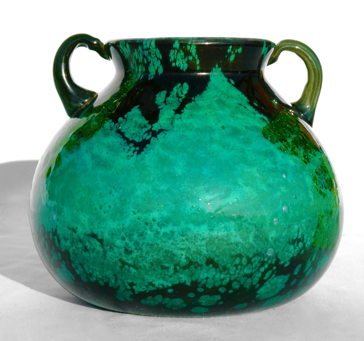 Art Deco Glass Ball Vase, Emerald Green & Gold, Daum Nancy, Handles, 1920 Cross Of Lorraine-photo-2