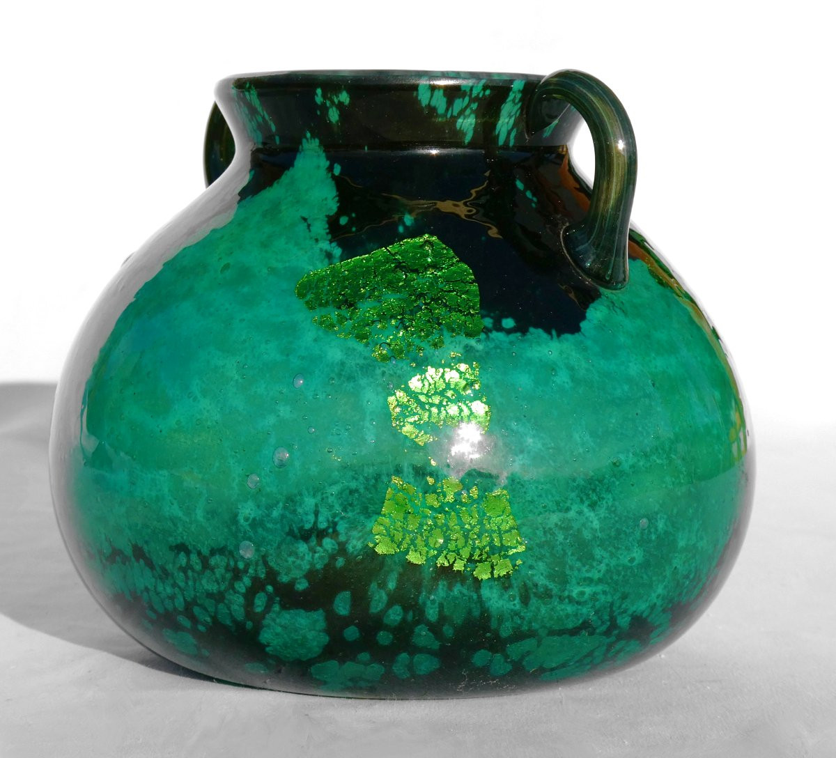 Art Deco Glass Ball Vase, Emerald Green & Gold, Daum Nancy, Handles, 1920 Cross Of Lorraine-photo-3