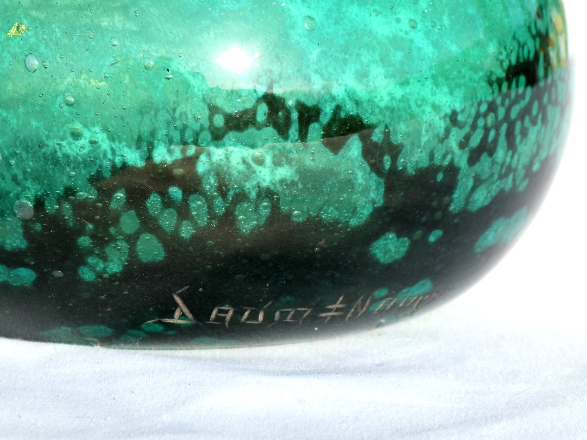 Vase Boule En Verre Art Deco , Vert Emeraude & Or , Daum Nancy , Anses , 1920 Croix De Lorraine-photo-4