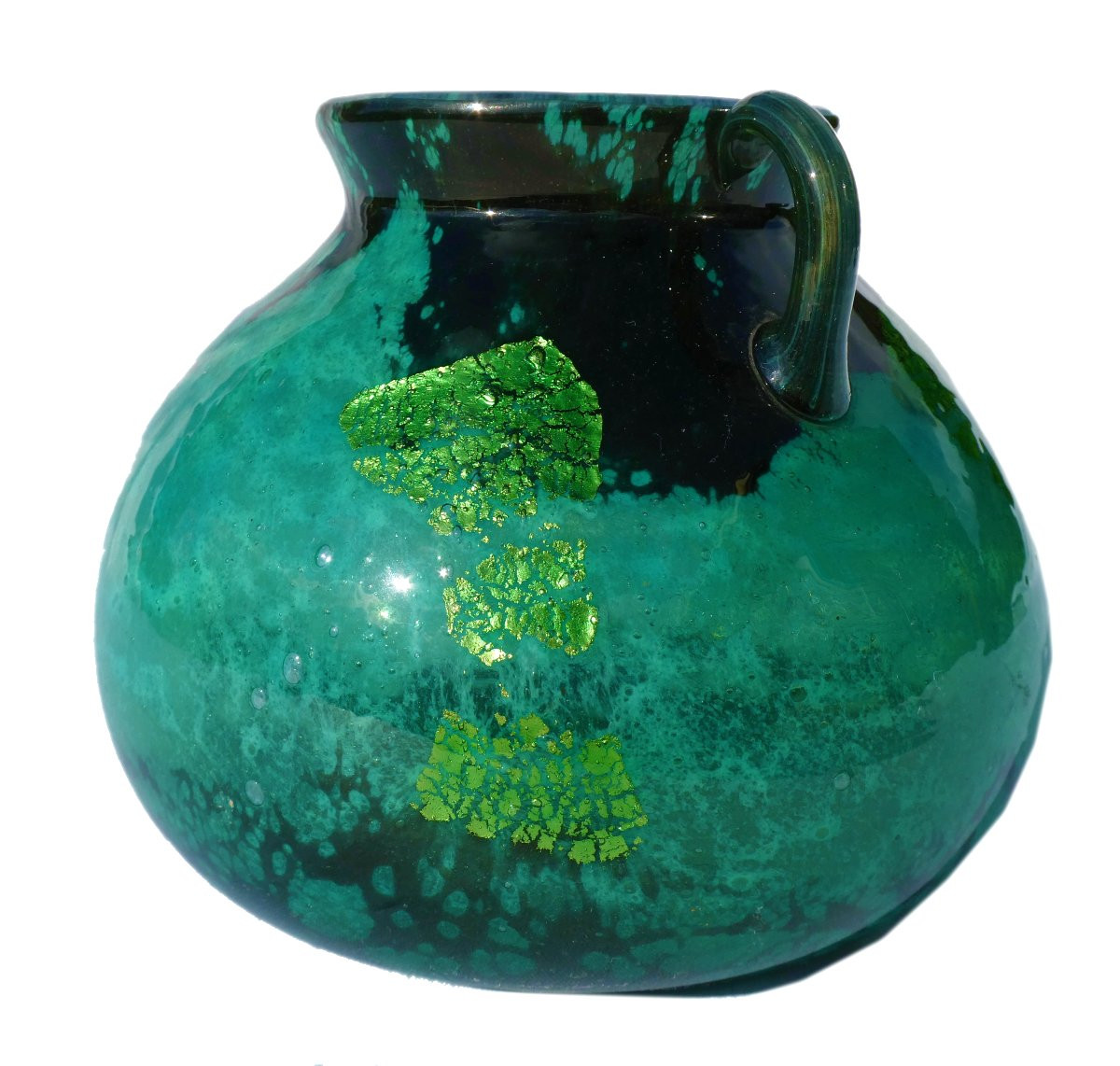 Art Deco Glass Ball Vase, Emerald Green & Gold, Daum Nancy, Handles, 1920 Cross Of Lorraine-photo-1