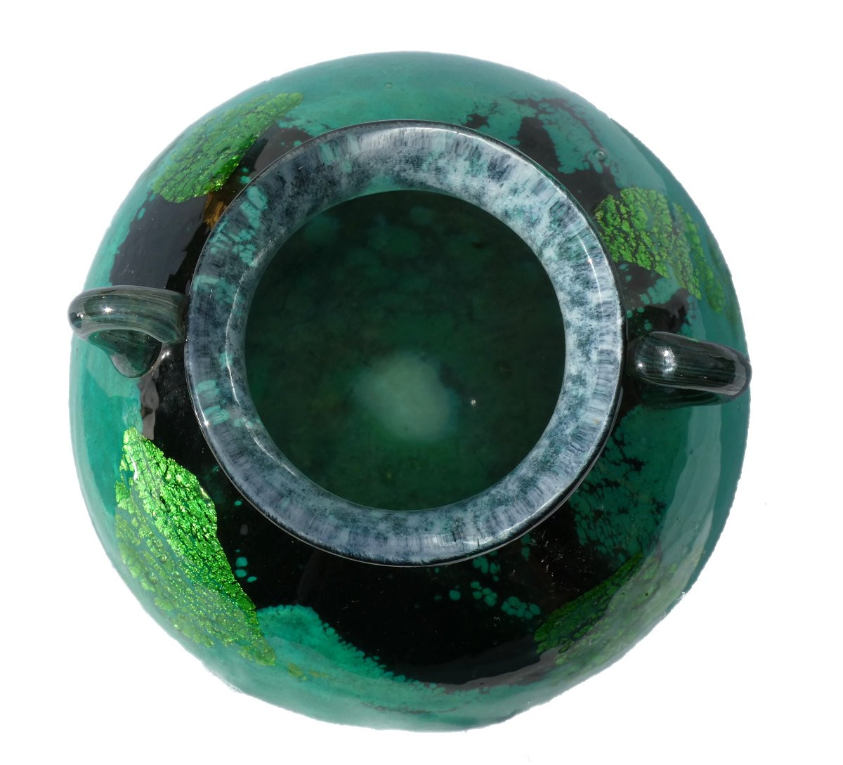 Vase Boule En Verre Art Deco , Vert Emeraude & Or , Daum Nancy , Anses , 1920 Croix De Lorraine-photo-4