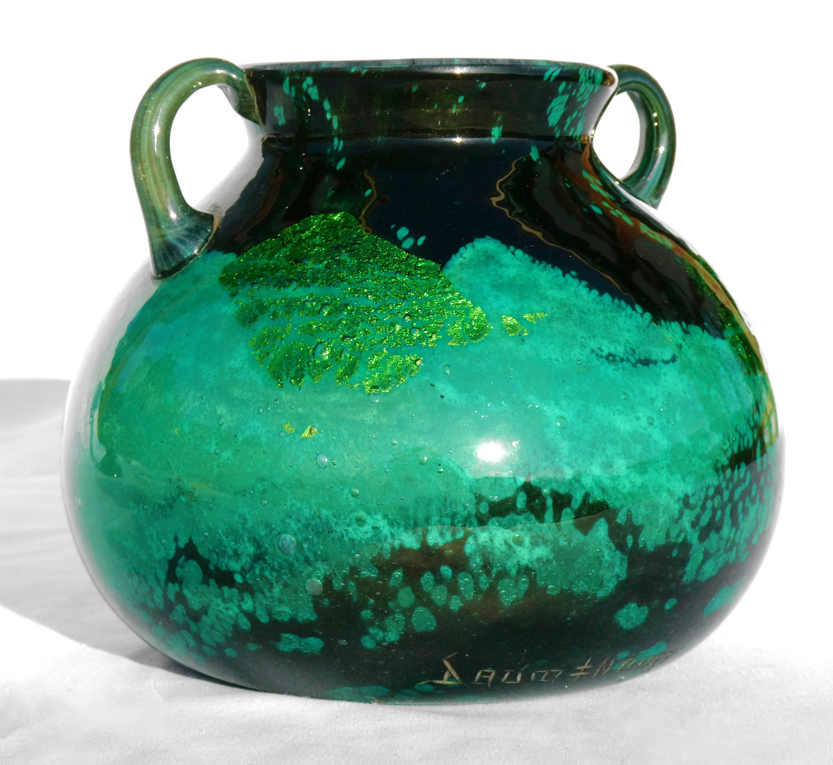 Art Deco Glass Ball Vase, Emerald Green & Gold, Daum Nancy, Handles, 1920 Cross Of Lorraine