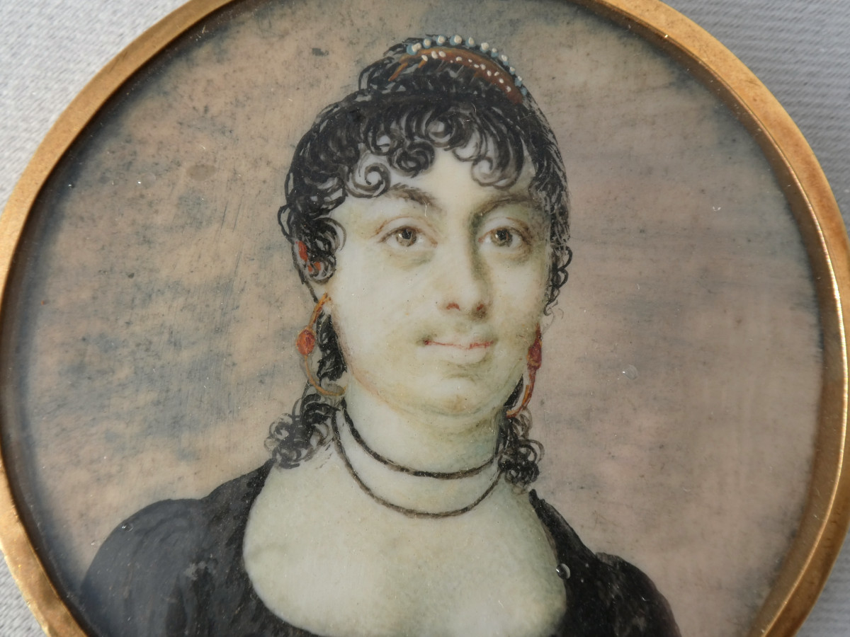 Miniature Portrait, First Empire Period, Young Woman With Pearl Comb, Watercolor, 19th Century, 1800-photo-3