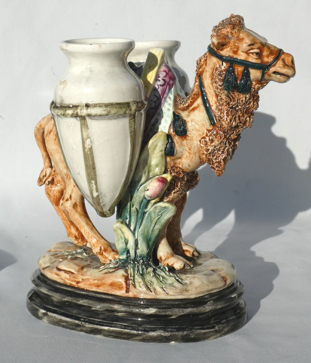 Bouquetiere Orientaliste Epoque Napoleon III , Barbotine XIXe , Chameau Aux Jarres Vase-photo-2