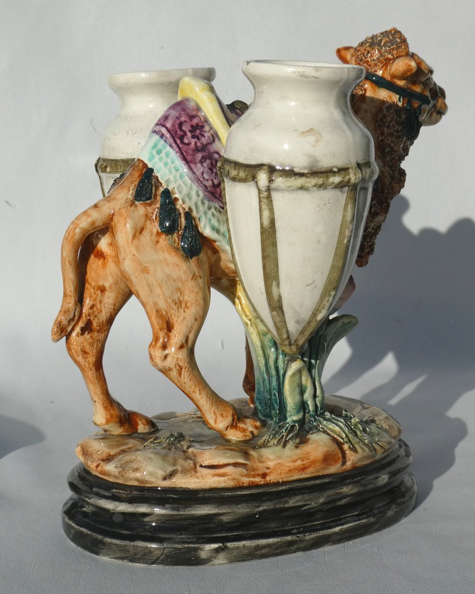 Bouquetiere Orientaliste Epoque Napoleon III , Barbotine XIXe , Chameau Aux Jarres Vase-photo-3