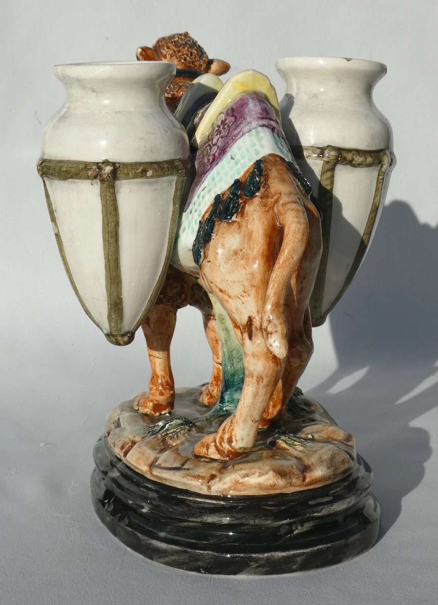 Orientalist Bouquetiere Napoleon III Period, 19th Century Barbotine, Camel With Jars Vase-photo-4