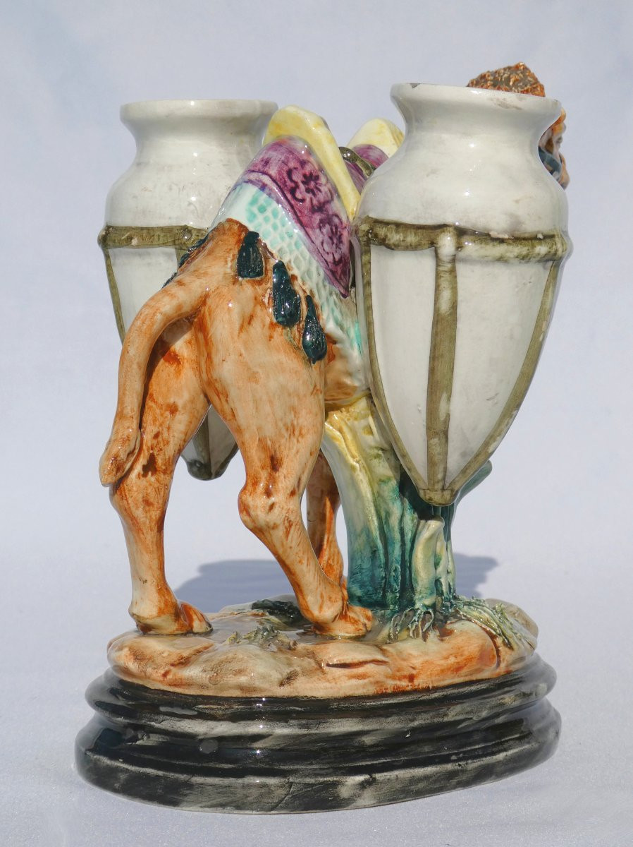 Bouquetiere Orientaliste Epoque Napoleon III , Barbotine XIXe , Chameau Aux Jarres Vase-photo-4