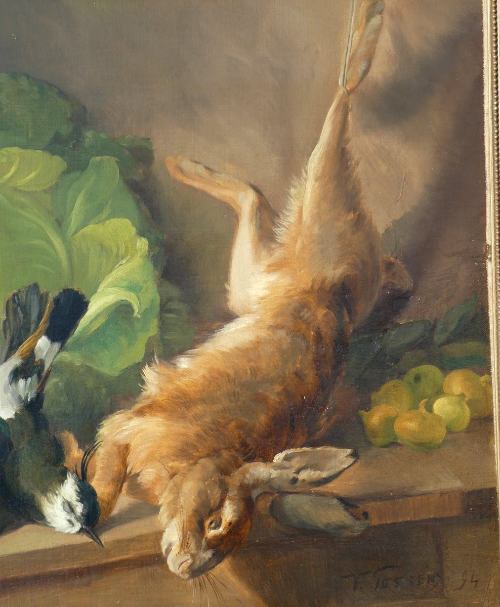 Oil On Canvas 19th Century, Still Life With Hare, Bird And Cabbage, Onions, Kitchen -photo-3