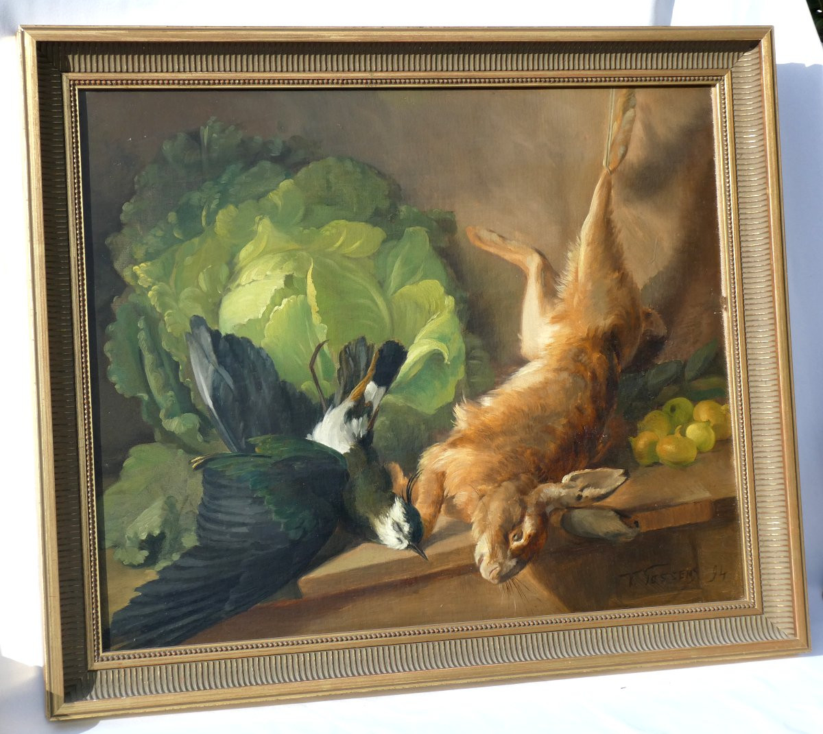 Oil On Canvas 19th Century, Still Life With Hare, Bird And Cabbage, Onions, Kitchen -photo-4