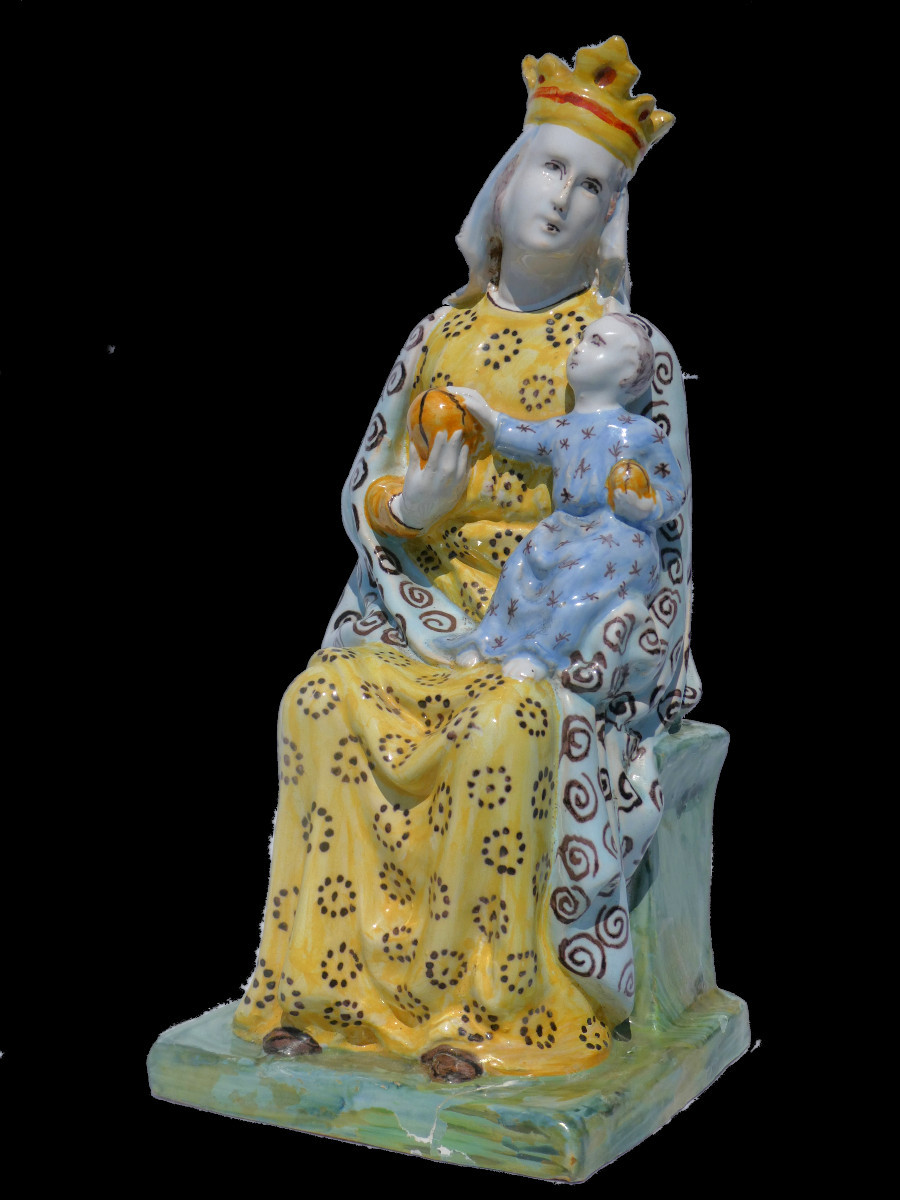 Virgin And Child In Italian Faience, Urbino, Naples Nevers Style, Saint In Majesty, 19th Century