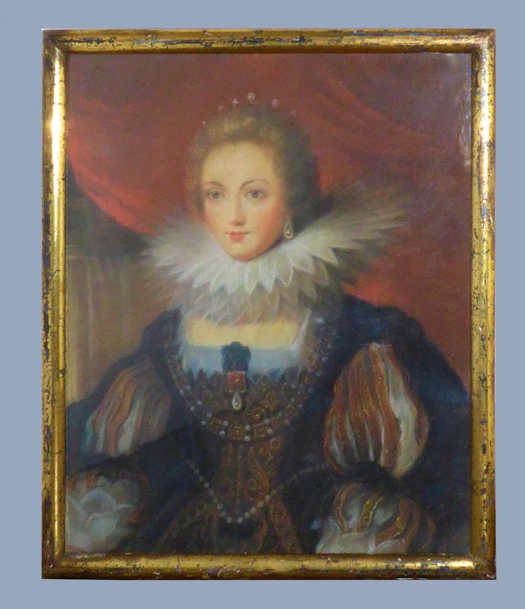 Portrait De La Reine De France Anne d'Autriche Rubens Pastel XIXe épouse Du Roi Louis XIII