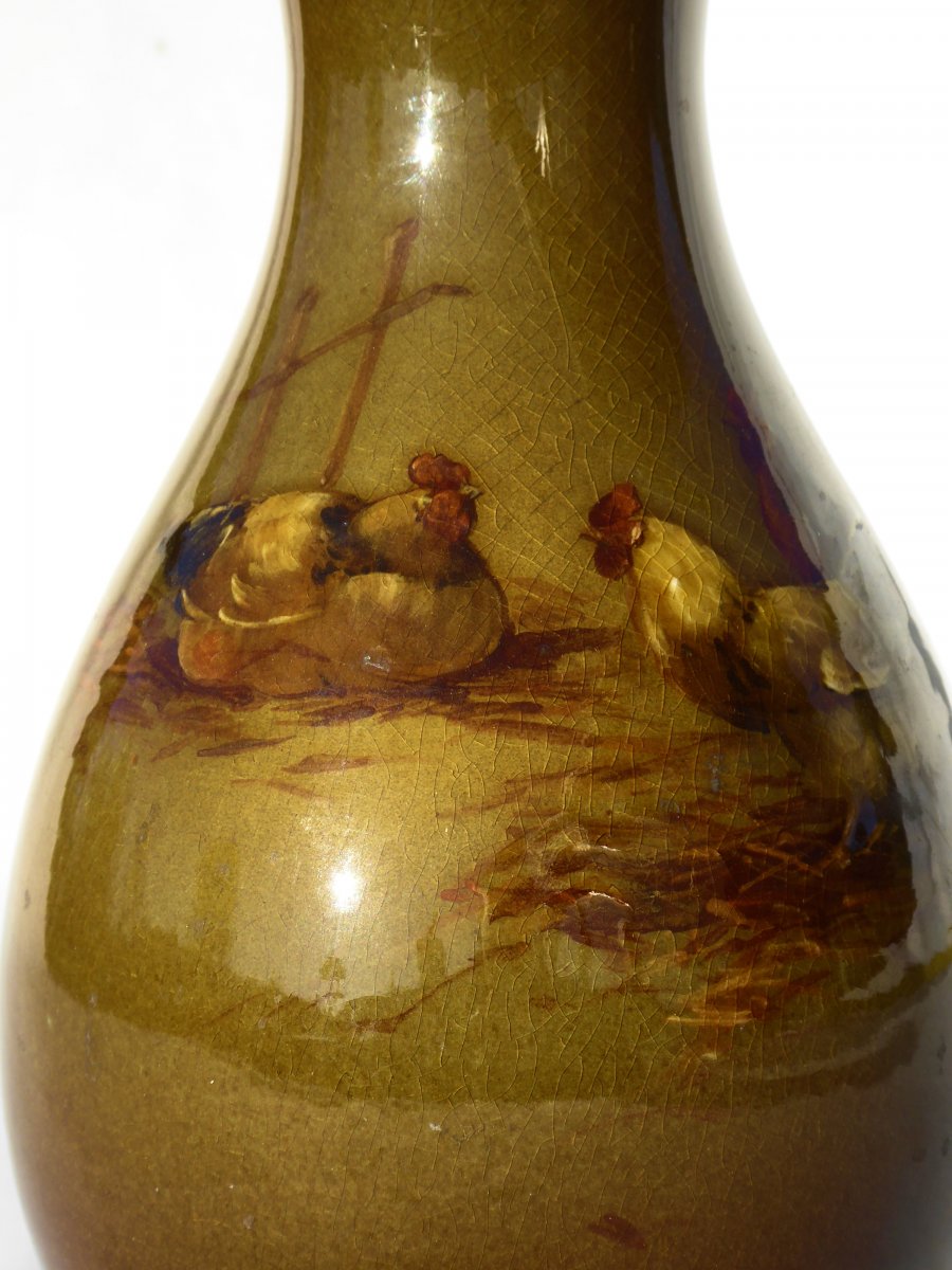 Vase En Faience Impressionniste , Choisy Le Roi XIXe Hippolyte Boulanger , Décor De Coq & Poule-photo-3