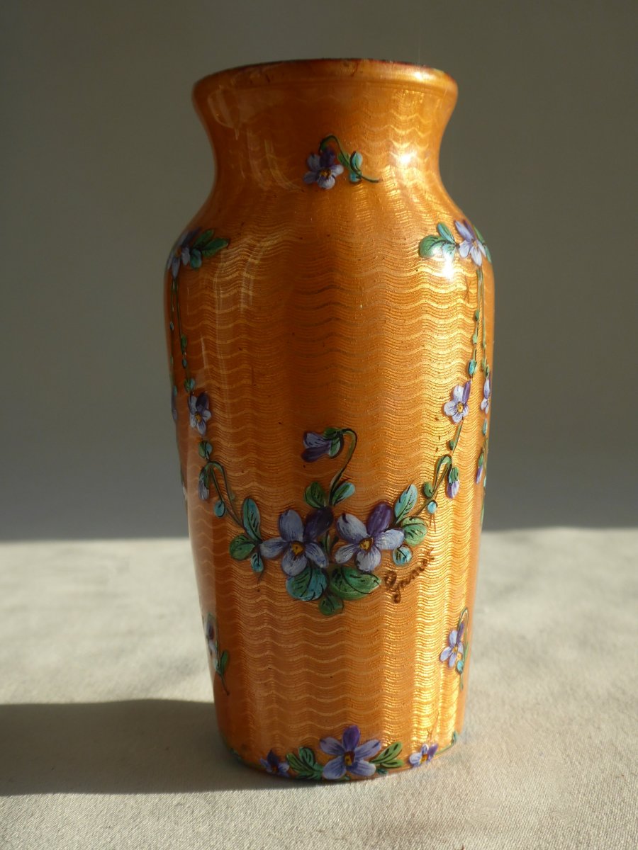 Enamelled Vase Art Nouveau Period, Limoges Decor With Violets, Signed Gamet 1910-1920 Enamel-photo-2