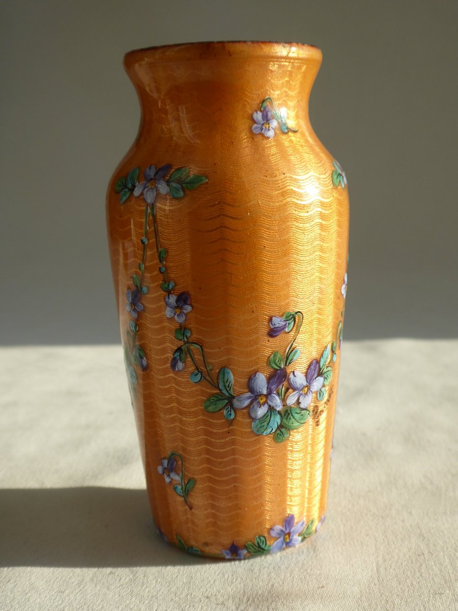 Enamelled Vase Art Nouveau Period, Limoges Decor With Violets, Signed Gamet 1910-1920 Enamel-photo-4