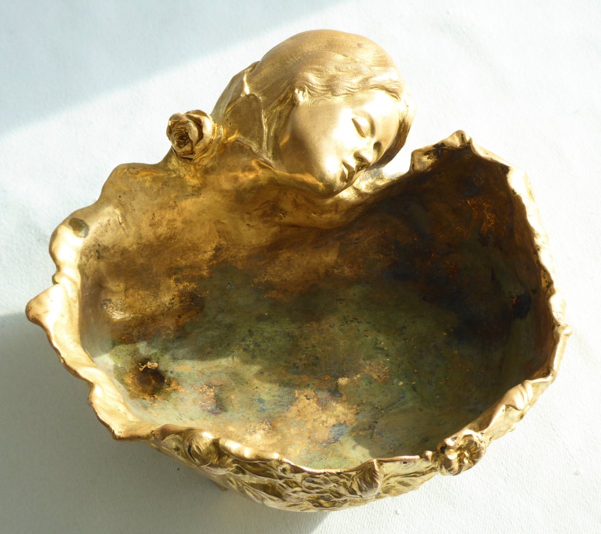 Empty Pocket In Gilt Bronze, Art Nouveau Period, Young Woman And Iris, Cup 1900 Signed M-photo-1