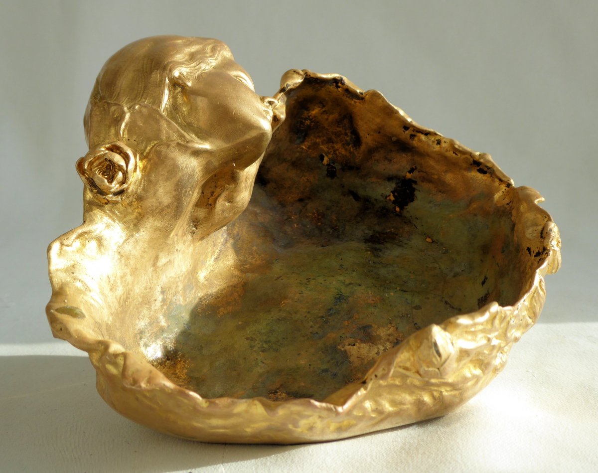 Empty Pocket In Gilt Bronze, Art Nouveau Period, Young Woman And Iris, Cup 1900 Signed M