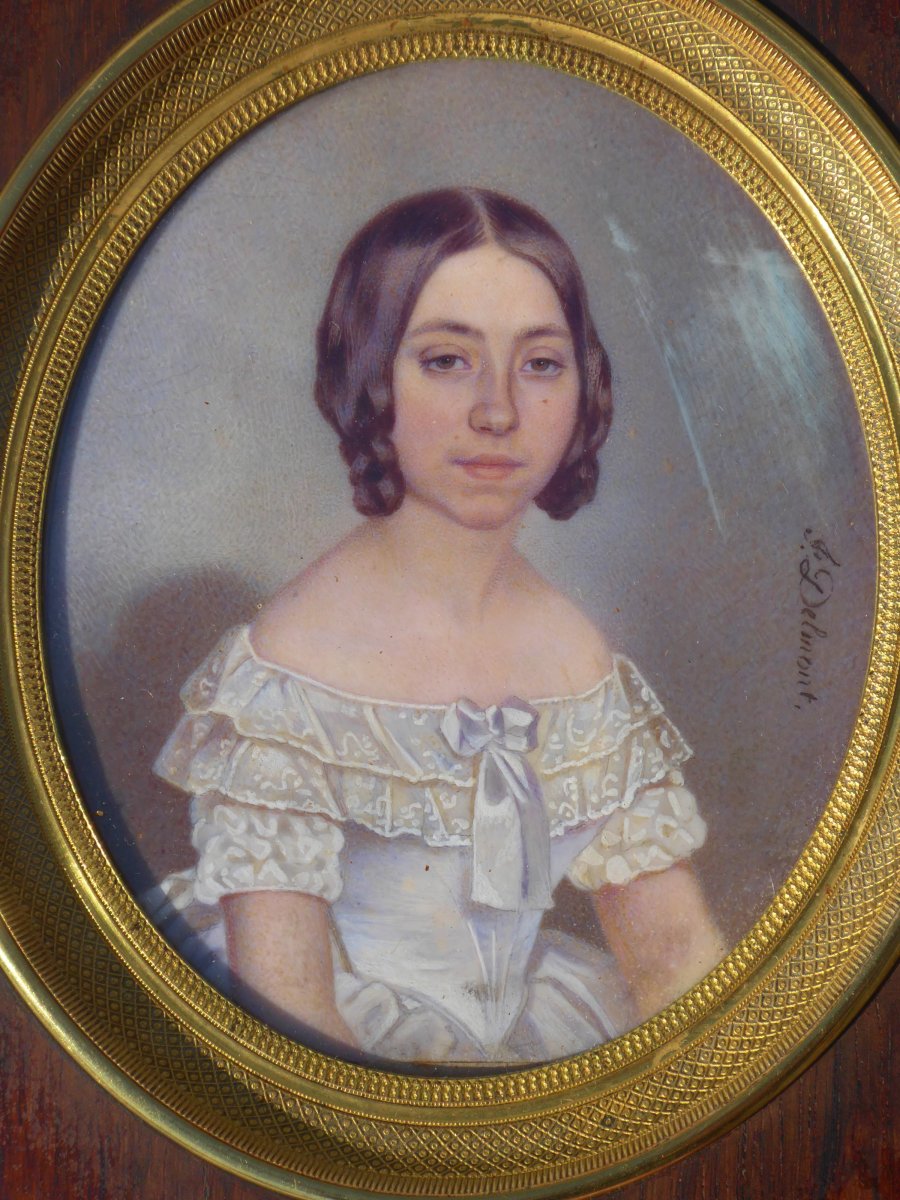 Grande Minature Peinte  , Portrait De Jeune Femme 1840 Robe Crinoline Signée Delinont-photo-3