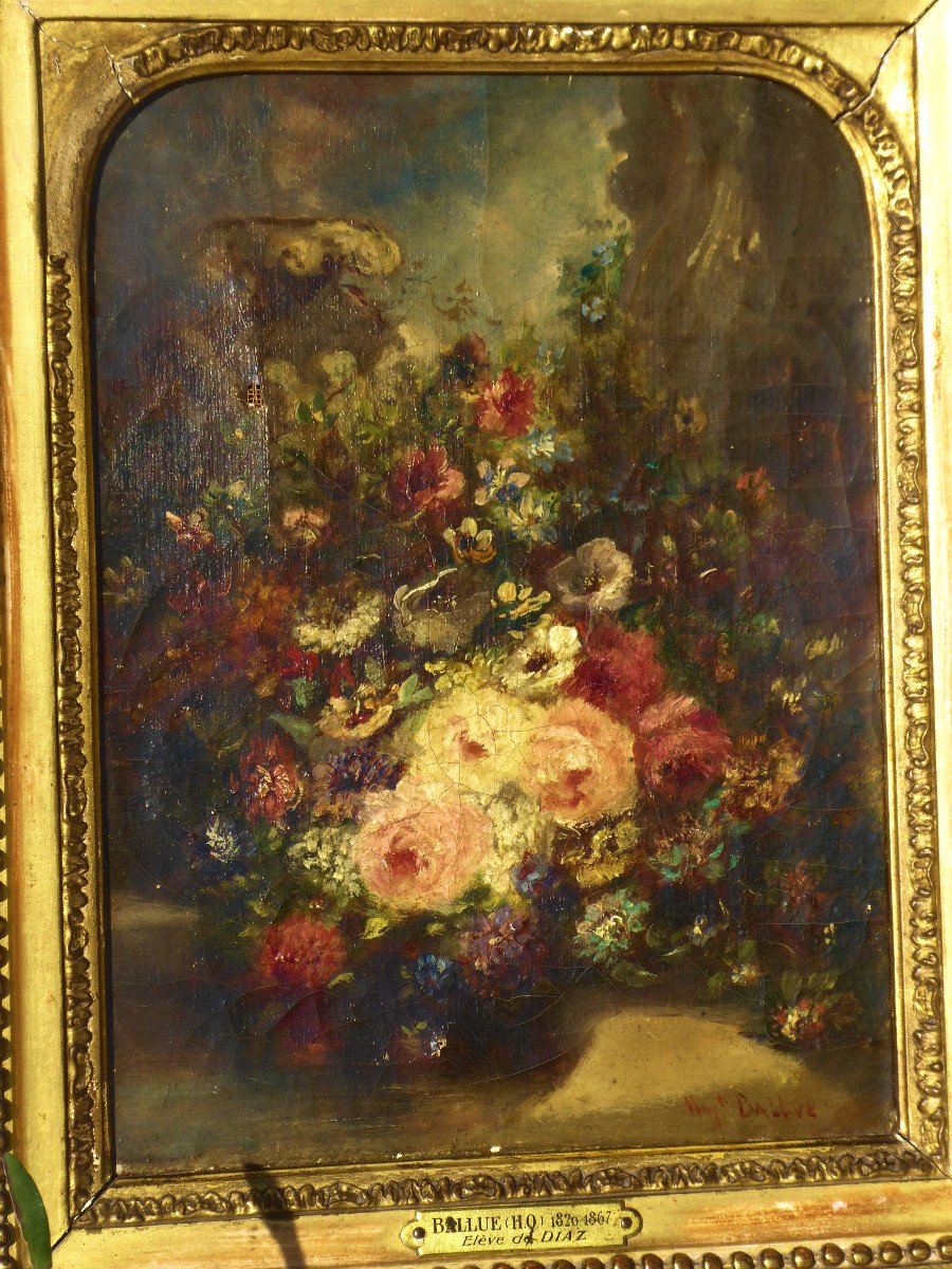 Oil On Canvas Bouquet Of Flowers, Napoleon III Period Signed Hippolyte Ballue Diaz Nineteenth-photo-2