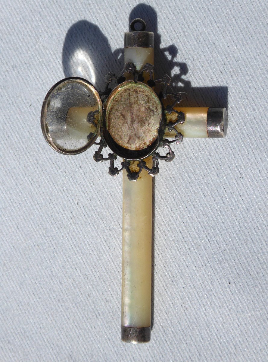 Reliquary Cross In Mother Of Pearl & Sterling Silver, Medallion Holder, 19th Napoleon III Jewel Pendant-photo-3