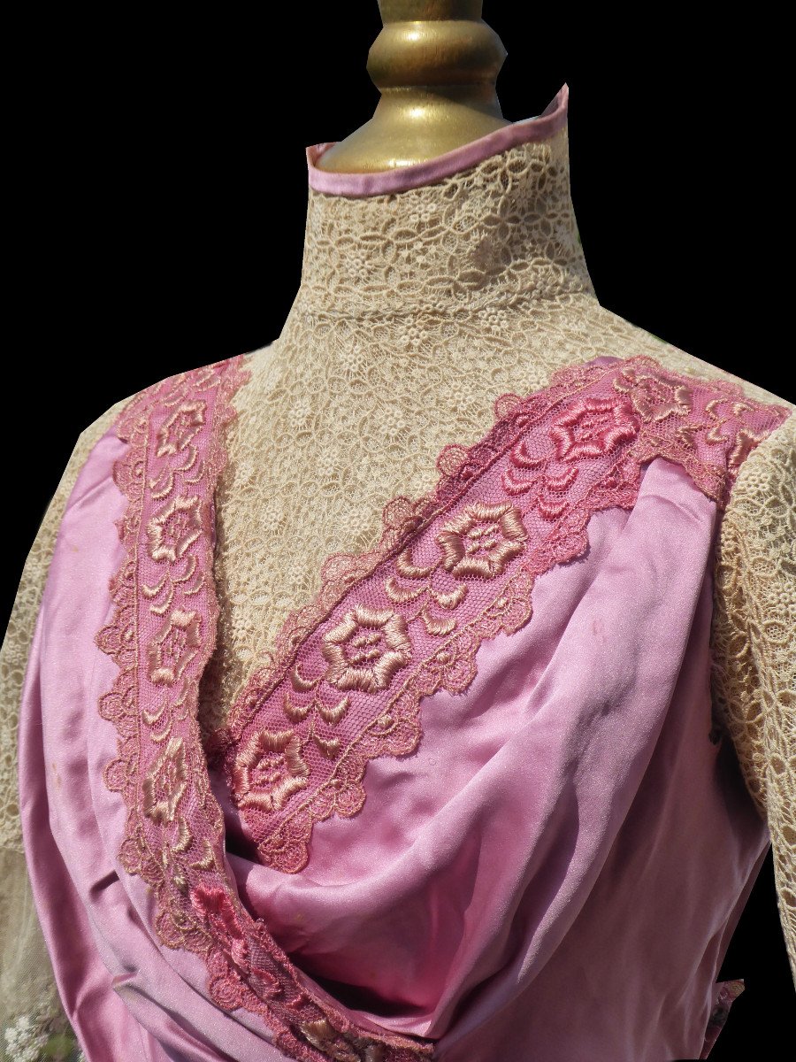 1910 Day Dress, Belle Epoque, Pink Silk, Old Fashion Lace Costume Titanic-photo-4