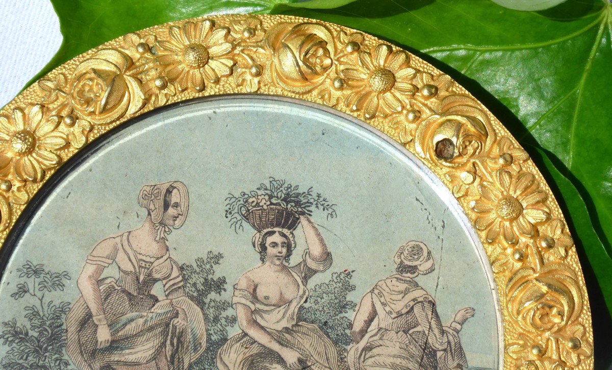 Gravure Colorisée , Scène érotique XIXe 1840 Cadre Bronze Doré Décor De Fleurs Curiosa Erotique-photo-3