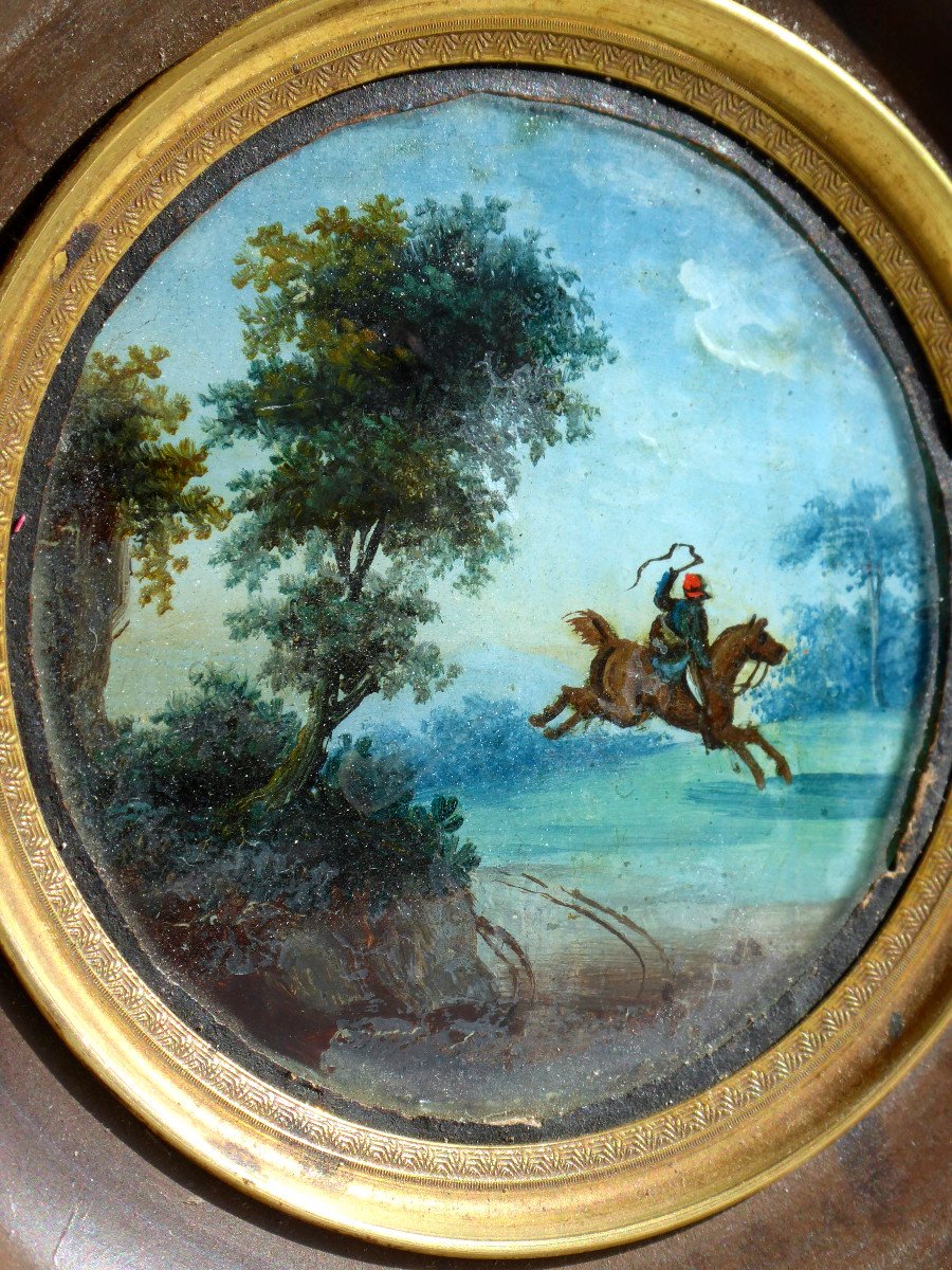 Miniature Painted Fixed Under Glass, Rider And Nineteenth Landscape, Napoleon III Horse-photo-3