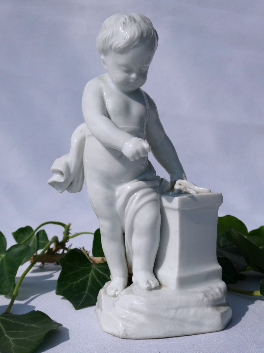 German Porcelain Subject, Child Putto By After Falconnet, The Fire Nineteenth Style Eighteenth