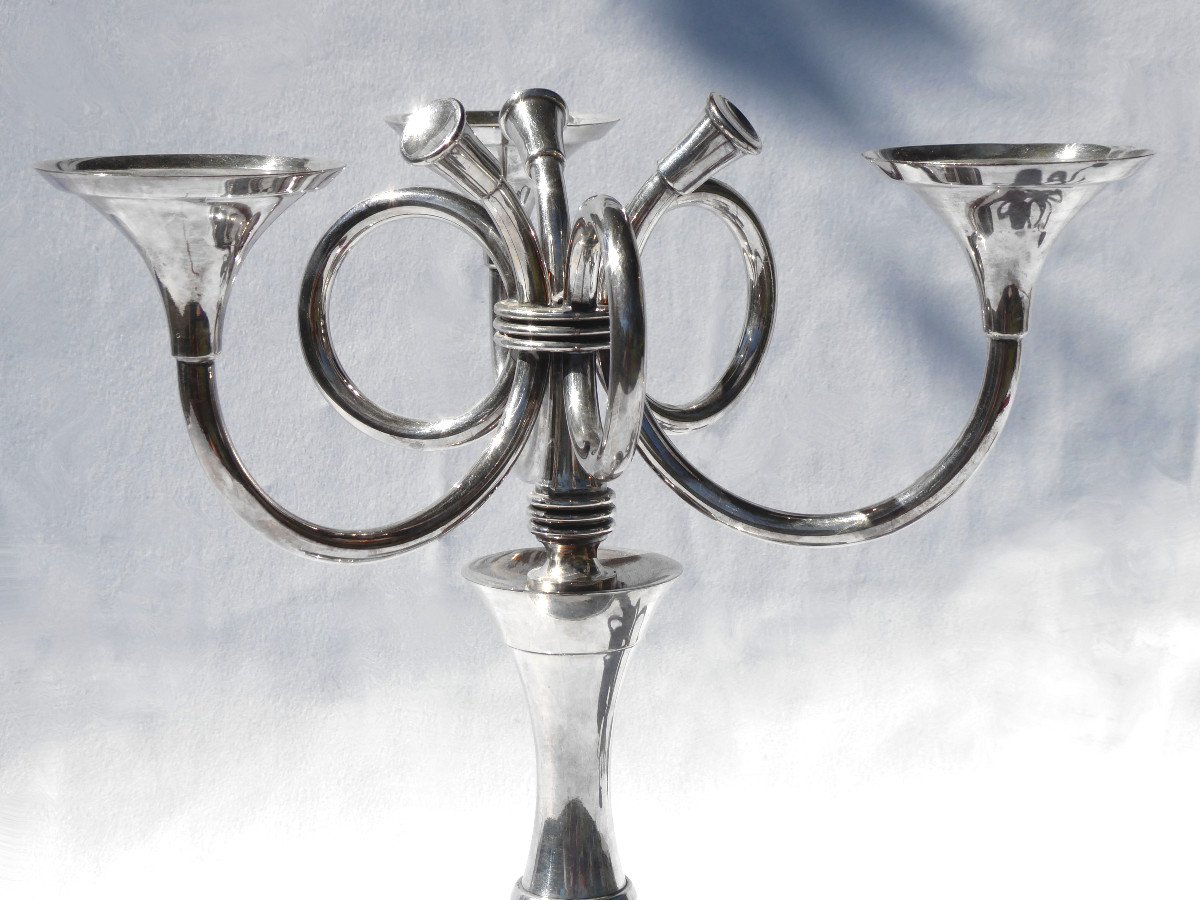Pair Of Candlesticks / Candlesticks In Silver Metal, Ercuis Art Deco Cors De Chasse Chandelier-photo-2