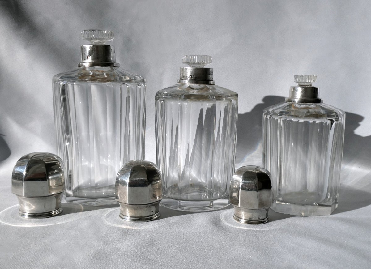 Toilet Trim In Sterling Silver & Crystal Perfume Bottles XIX Style Art Deco Modernist-photo-3