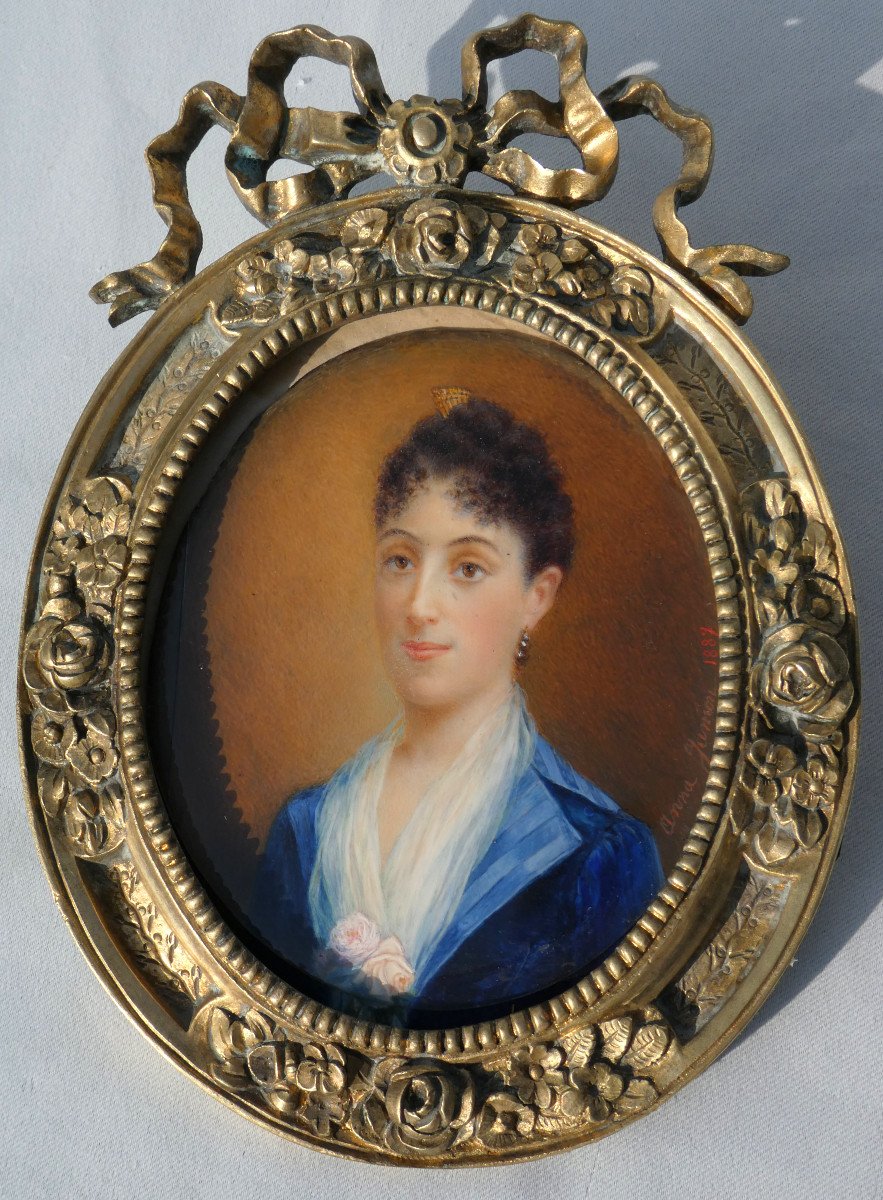 Grande Peinture Miniature  Portrait Jeune Femme 1880 Signé Anne Jumont Cadre Bronze