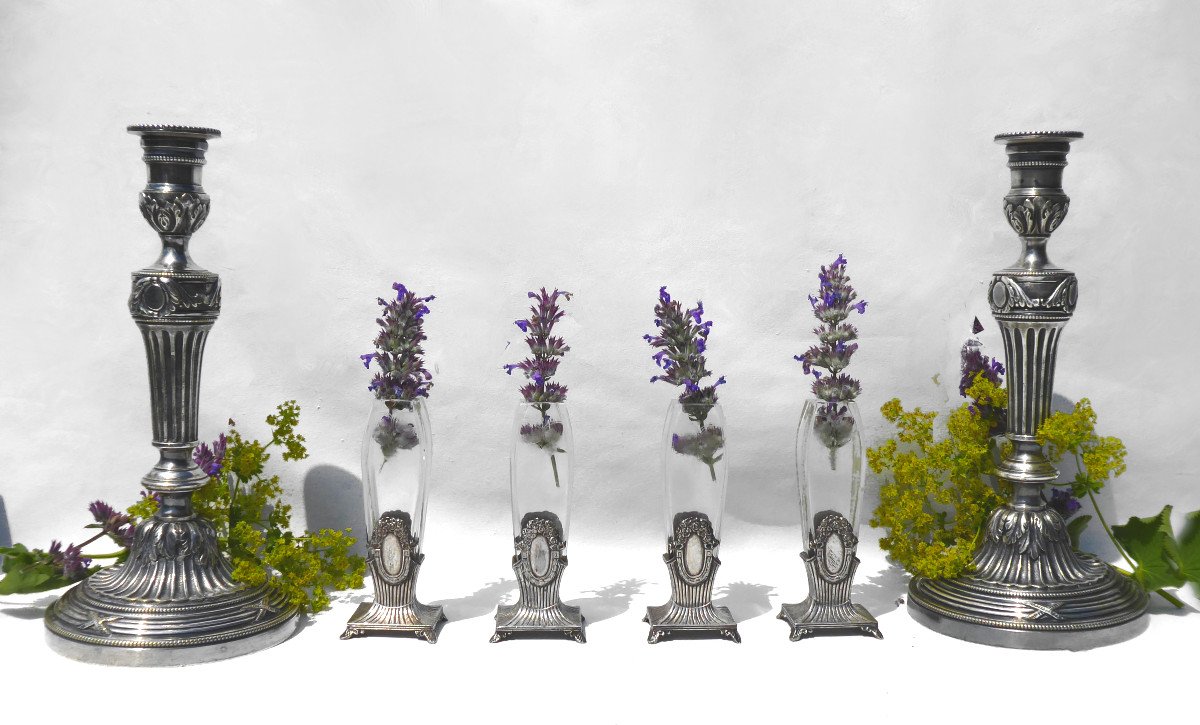 Serie De Vases En Cristal Gravé Et Metal Argenté Wmf Chemin De Table 1915 Style Louis XVI