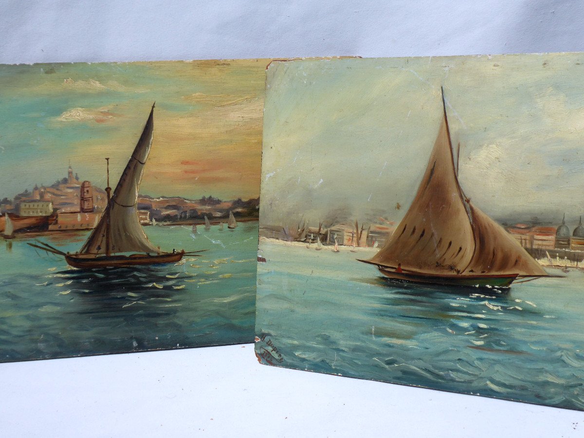 Pair Of Oil On Wood Panel, Seaside Study, Marseille Mediterranean, Navy Nineteenth-photo-6