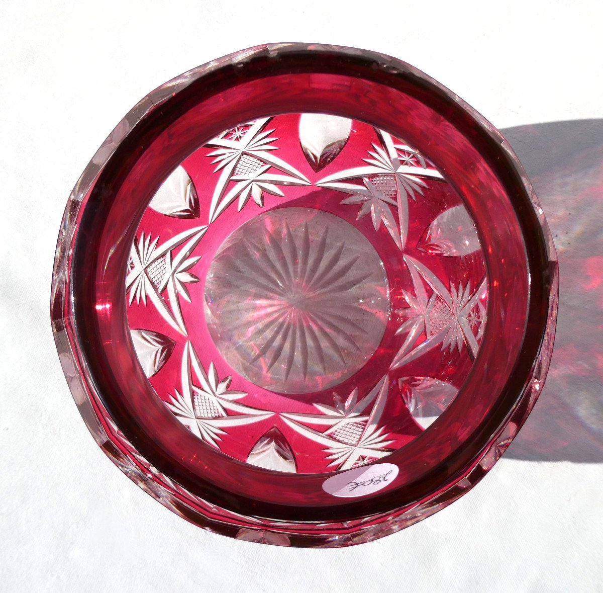 Large Crystal Flowers Pique Cut Overlay, Ruby, Art Deco Saint Louis Val Lambert Vase-photo-3