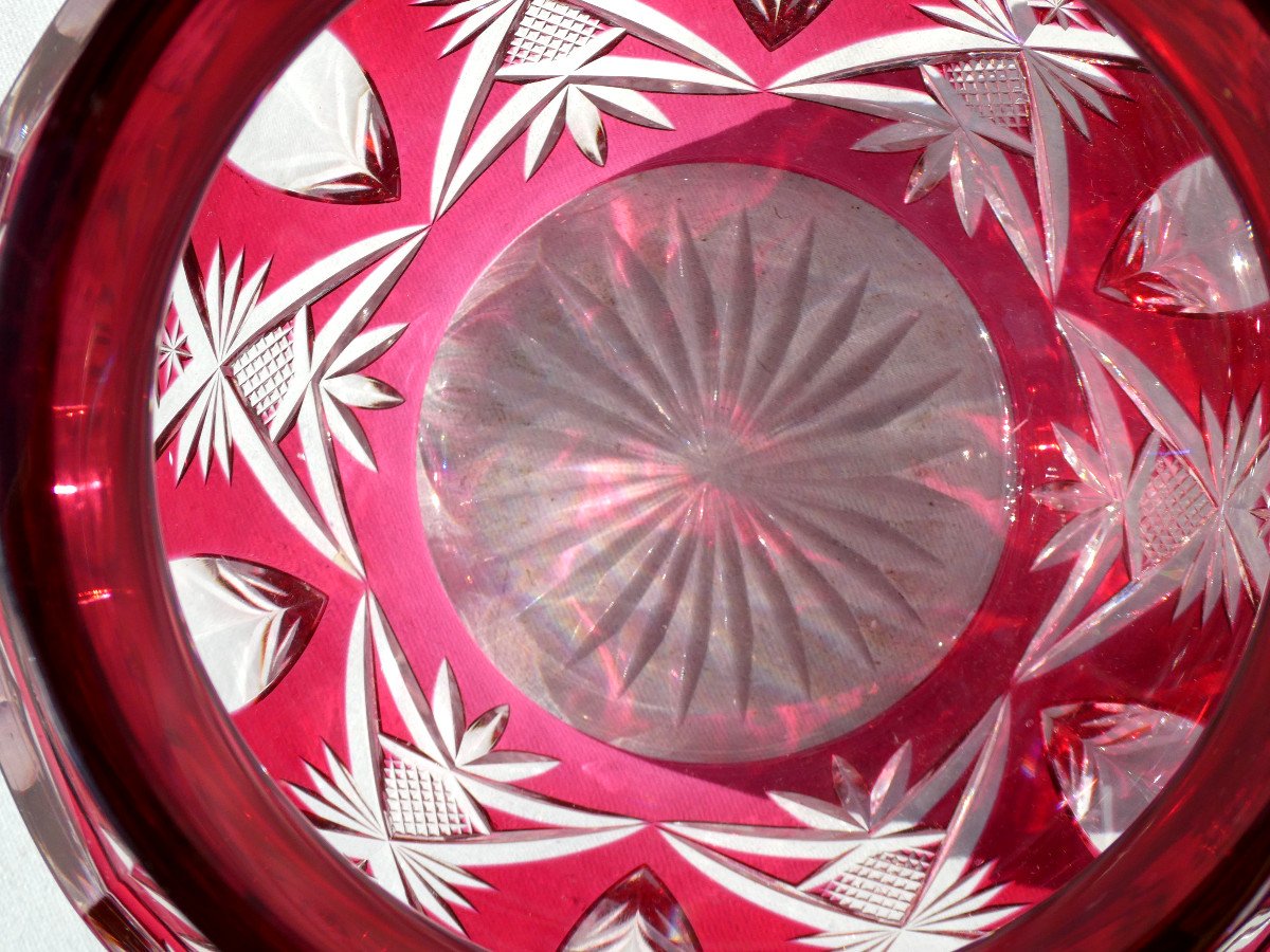 Large Crystal Flowers Pique Cut Overlay, Ruby, Art Deco Saint Louis Val Lambert Vase-photo-4