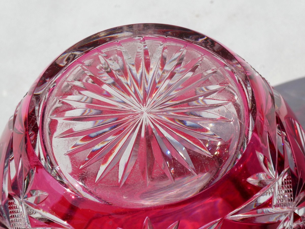 Large Crystal Flowers Pique Cut Overlay, Ruby, Art Deco Saint Louis Val Lambert Vase-photo-6