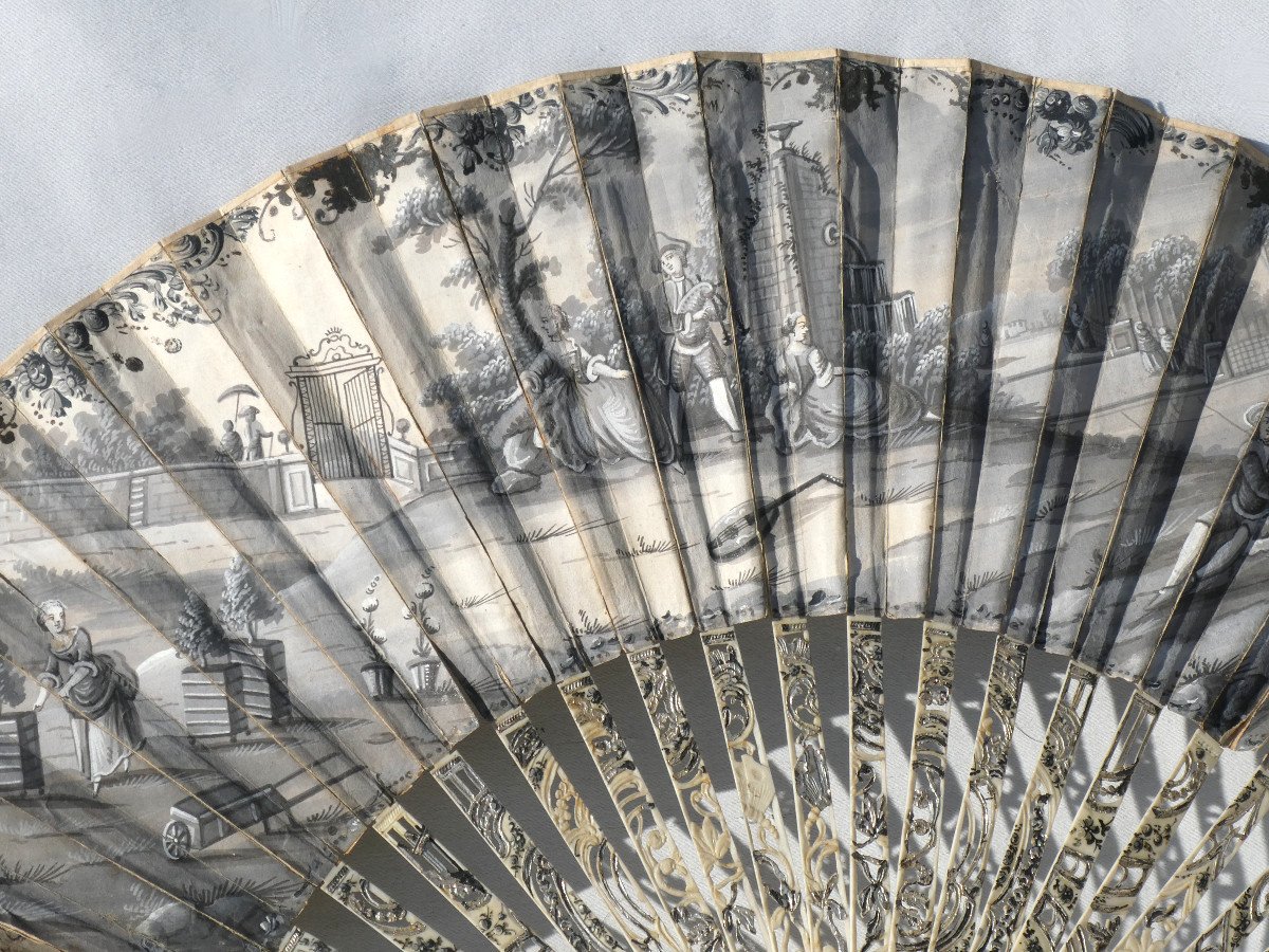 Eighteenth Fan In Grisaille. Painting On Velin, Frame Louis XVI Period-photo-4