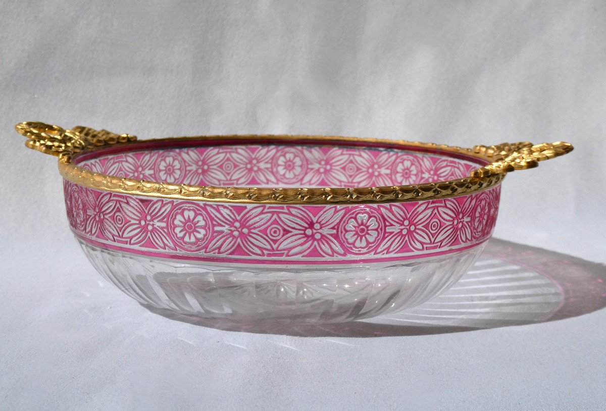 Baccarat Crystal Cup, Empire Decor, Fuchsia Rose Gilt Bronze Frame Nineteenth 1900