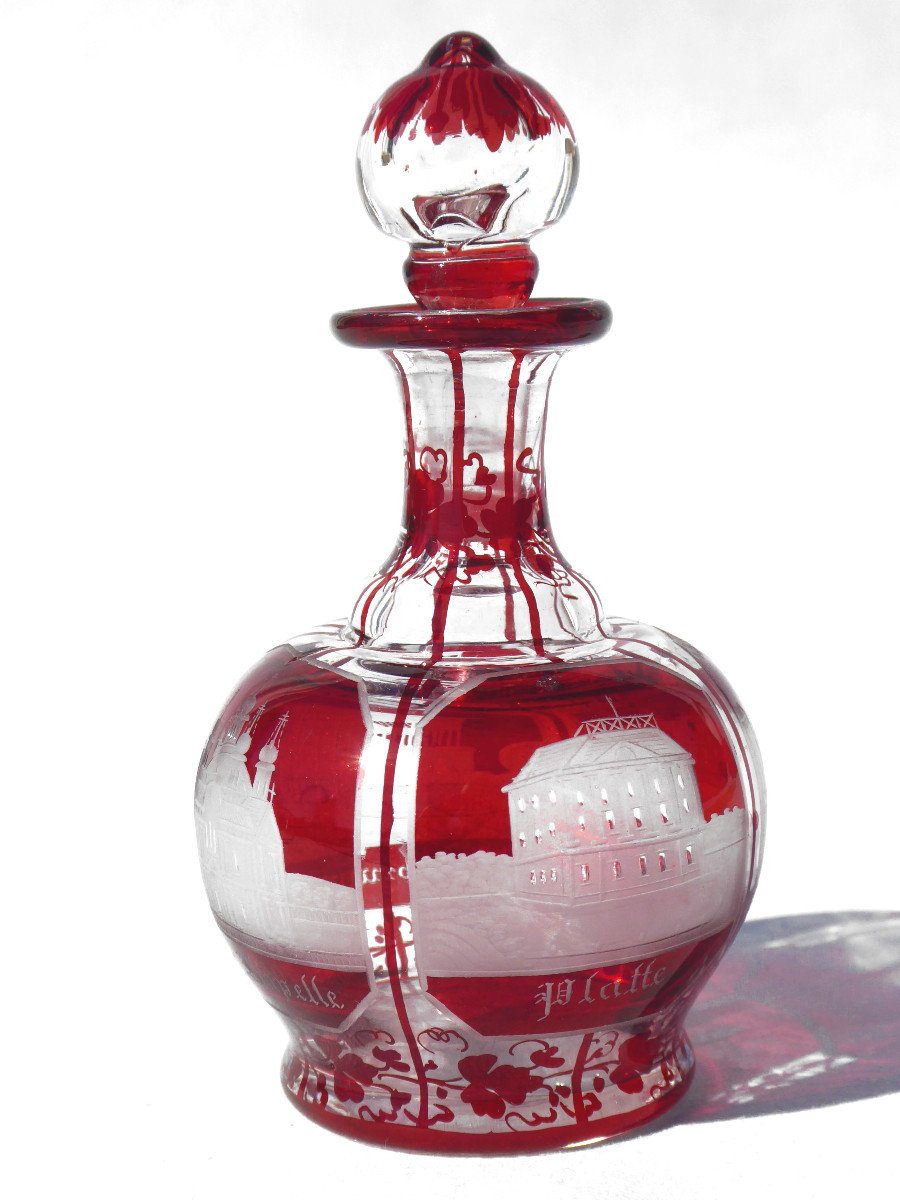 Overlay Crystal Perfume Falcon, Bohemia, Garnet Red, Miniature Carafe Nineteenth Germany-photo-3
