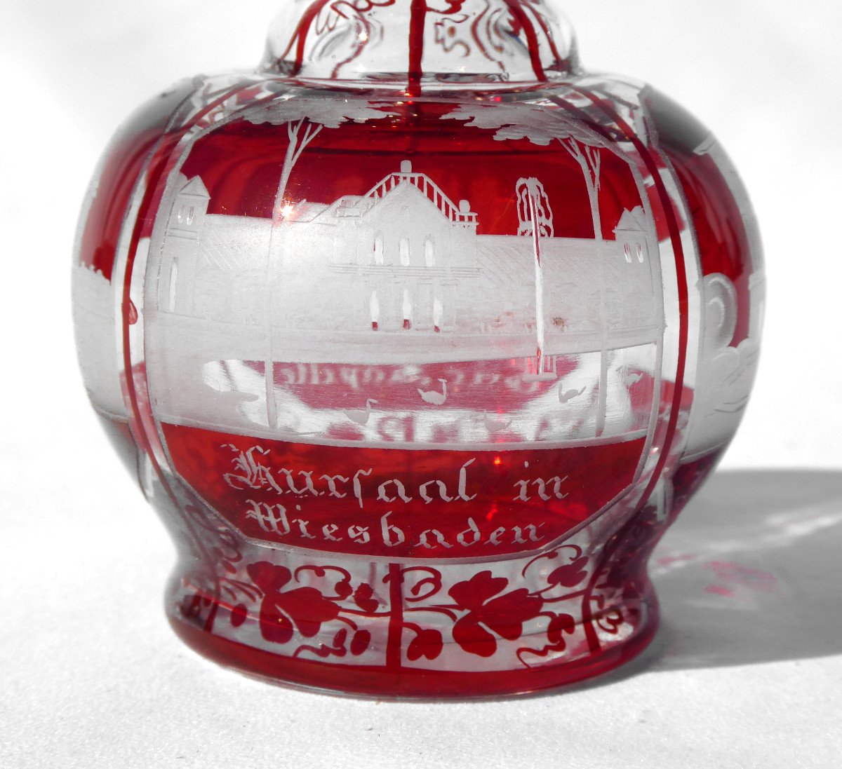 Overlay Crystal Perfume Falcon, Bohemia, Garnet Red, Miniature Carafe Nineteenth Germany-photo-3