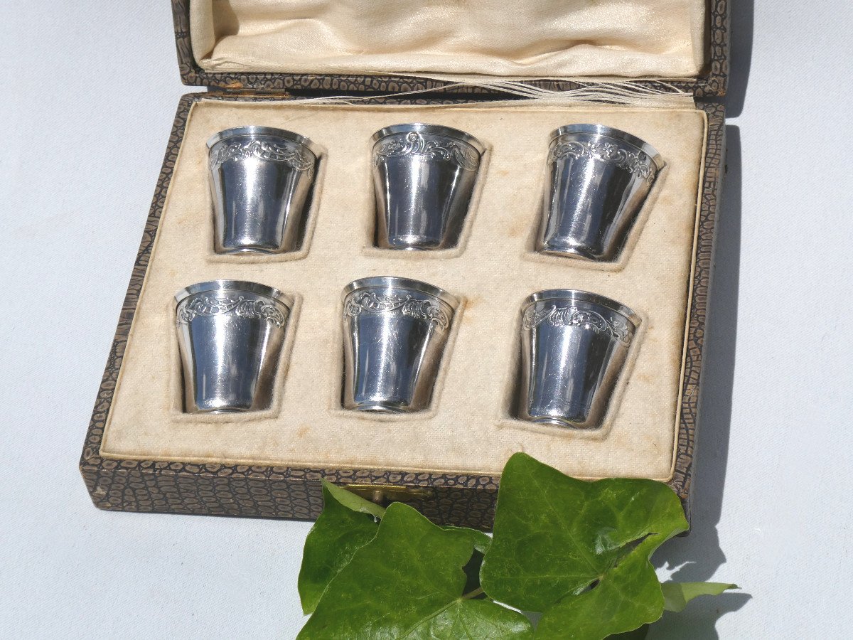 Serie De 6 Gobelets En Argent Massif , Coffret à Liqueur XIXe , Art Nouveau , Vermeil -photo-2