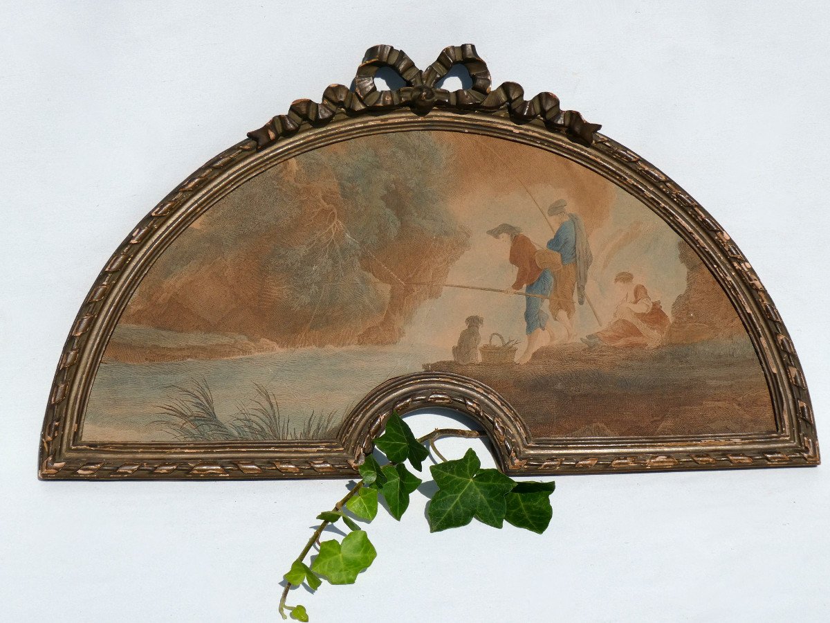 18th Century Style Fan Project, Louis XVI Style Golden Wood Frame, Color Engraving