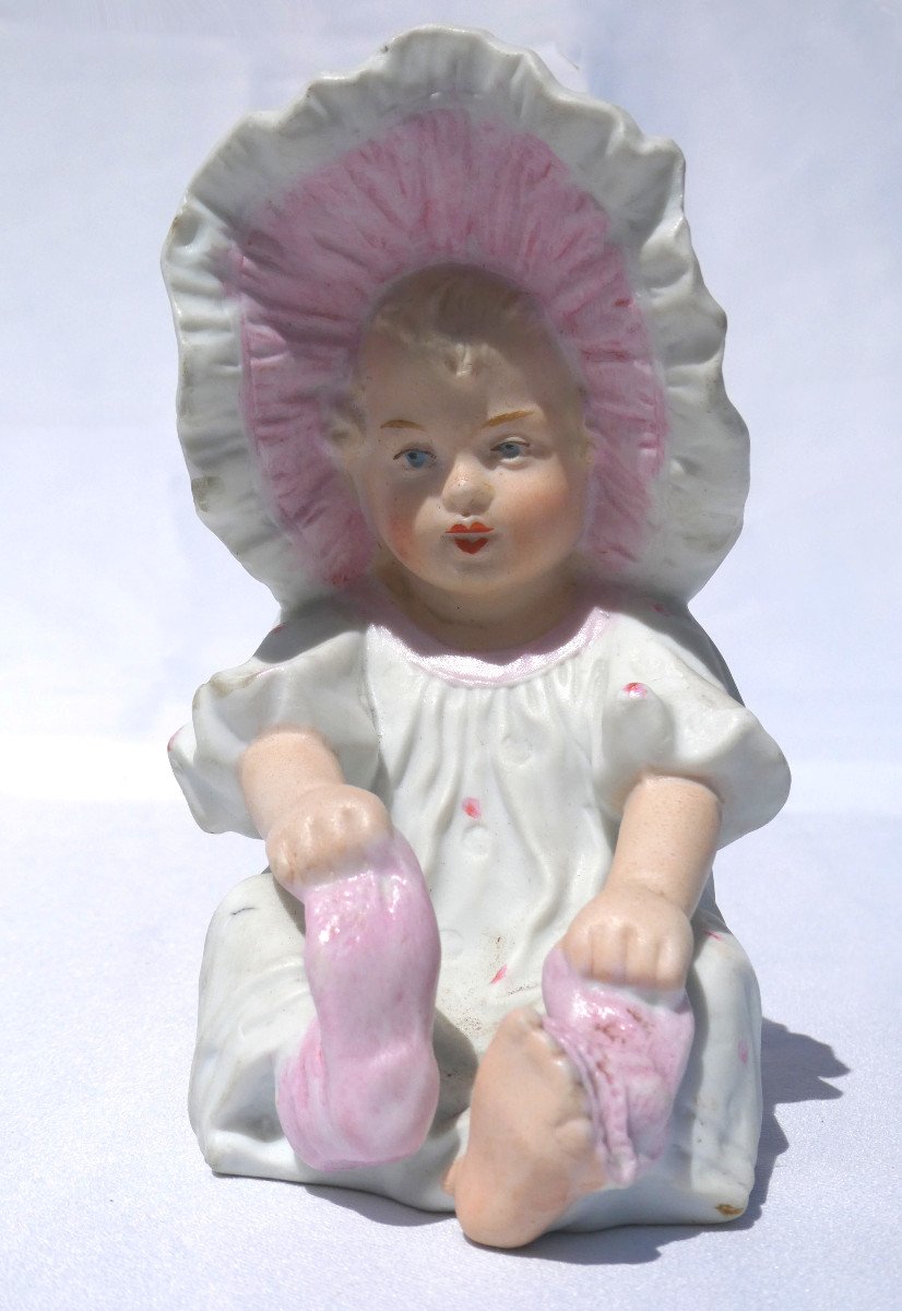 German Piano Baby; Heubach Biscuit Doll, Germany 19th Century; 1900 Baptism Sock-photo-5