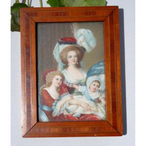 Large Miniature Watercolor Painting Portrait Of Queen Marie Antoinette & Her Children Nineteenth Lo